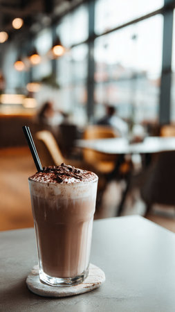 selective focus of latte with chocolate in glass on table in cafeの写真素材