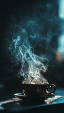 Cup of coffee with steam on dark background. Selective focusの写真素材
