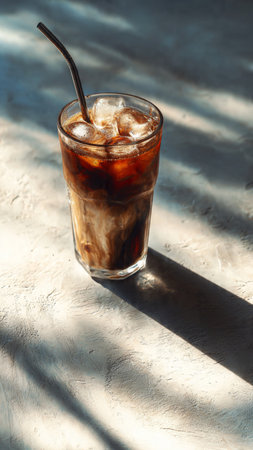Iced coffee in a glass with straw on a light background.の写真素材
