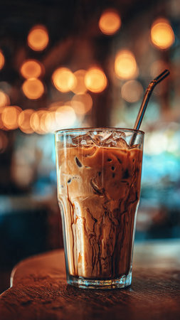 Iced coffee in a tall glass on a wooden table in a cafeの写真素材