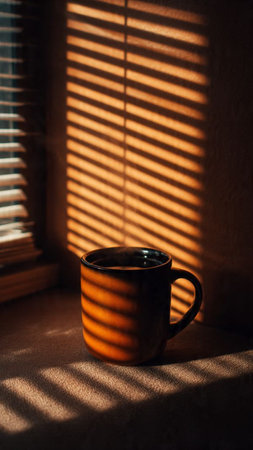 Cup of coffee on the windowsill in the morning light.の写真素材