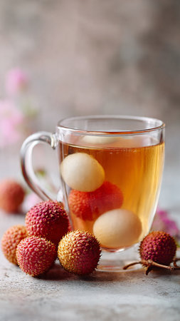 Lychee tea in a glass cup on a light background.の写真素材