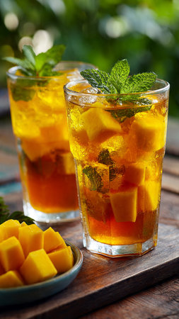 Mango ice tea with mint leaves on wooden table in summer gardenの写真素材