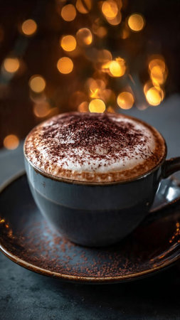 Cappuccino with cocoa powder and christmas lights on backgroundの写真素材
