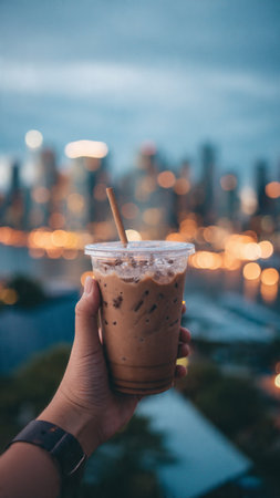 Iced coffee in hand with city view at night, stock photoの写真素材