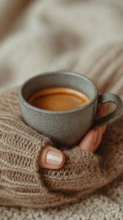 Female hands in warm knitted sweater holding cup of coffee, closeupの写真素材