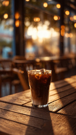 Iced coffee on a wooden table in a cafe. Selective focus.の写真素材