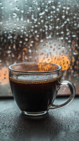Cup of coffee with drops of rain on the window, rainy dayの写真素材