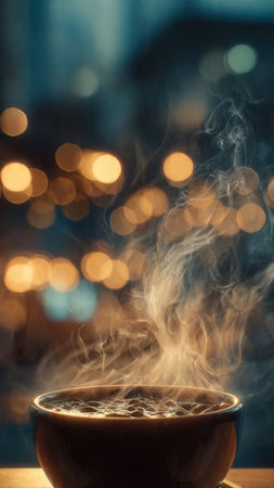 Cup of coffee with bokeh lights in the background.