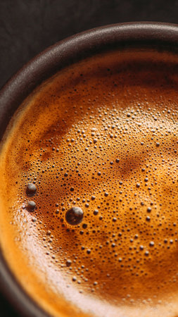 Cup of coffee with foam on dark background, top view.の写真素材
