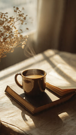 Cup of coffee and book on wooden table in morning light.の写真素材