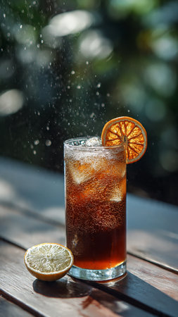 Cuba libre cocktail with cola, lemon and ice cubes