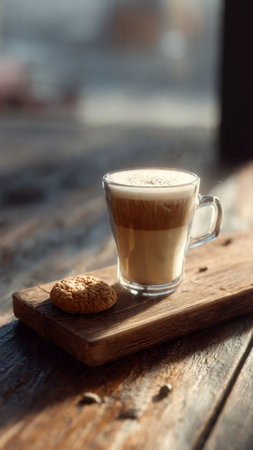Cappuccino in a glass cup with cookie on wooden tableの写真素材
