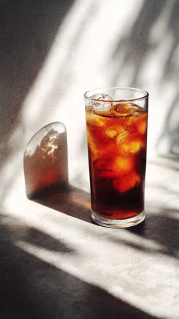 Cola with ice cubes in a glass on a concrete table with shadowsの写真素材