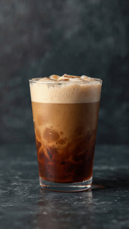 Iced coffee with whipped cream in a tall glass on dark background