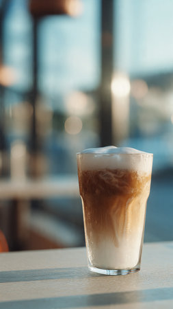 Latte coffee in glass on table in coffee shop, stock photoの写真素材