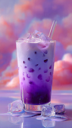 Blueberry milk tea in a glass with ice cubes on purple backgroundの写真素材