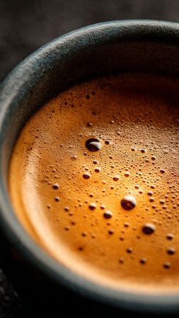 Coffee cup on dark background, top view, copy spaceの写真素材