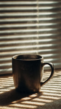 Metal cup of coffee or tea on the windowsill with blindsの写真素材