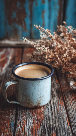 Coffee cup and dry flower on wooden background, stock photoの写真素材