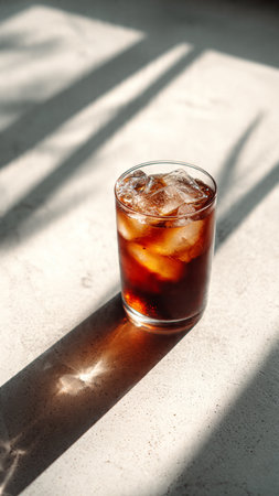 Glass of cola with ice cubes on a white background with shadowの写真素材