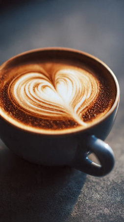 Cup of latte art coffee with heart shape on dark background