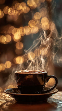 Cup of coffee with bokeh lights on the background.の写真素材