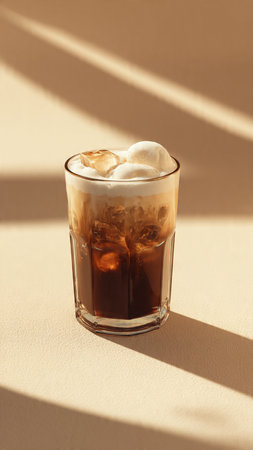 Coffee with ice in a glass on a beige background