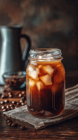 Iced coffee in glass jar with ice cubes and beans on wooden backgroundの写真素材