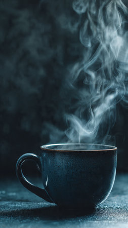 Cup of hot coffee with steam on dark background, selective focusの写真素材