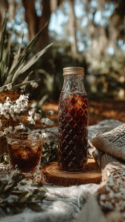 Wine bottle and glass with ice on the table in the forestの写真素材