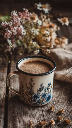 Cup of coffee on rustic wooden background with wildflowersの写真素材