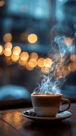 Coffee cup on a wooden table in a cafe with bokeh backgroundの写真素材