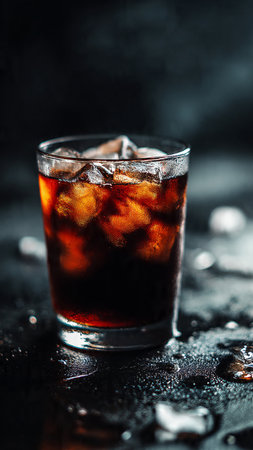 Cola in a glass with ice cubes on a black background, selective focus