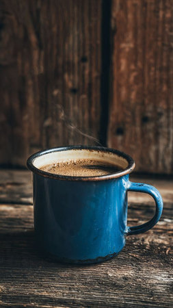 Coffee in a blue cup on a wooden background. Vintage style.の写真素材