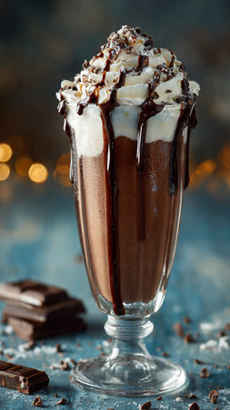 Hot chocolate with whipped cream in a glass on a blue background.