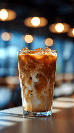 Iced coffee in a glass on a table in a cafe.の写真素材