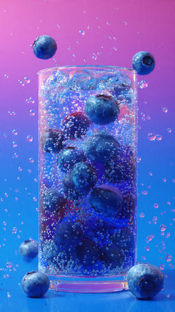 Blueberry cocktail with ice cubes and bubbles on a blue background.