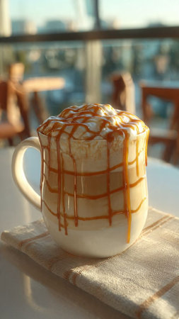 Cappuccino with caramel sauce on table in cafe, closeupの写真素材