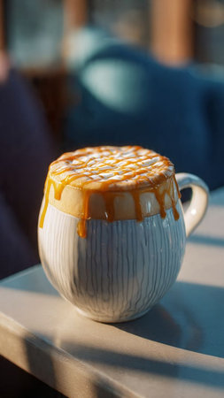 Cappuccino with caramel in a white cup on a tableの写真素材