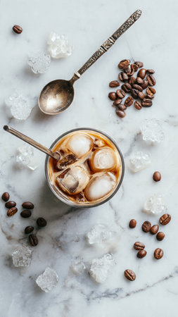 Iced coffee with ice cubes and coffee beans on white marble backgroundの写真素材
