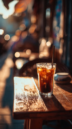 A glass of cola on a wooden table in a cafe.の写真素材