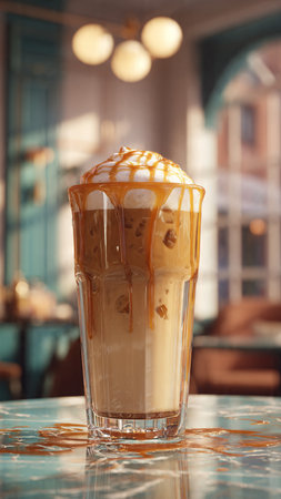 Iced coffee with caramel sauce in a glass on the table.の写真素材