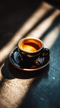 Cup of coffee on the table in the rays of the sunの写真素材