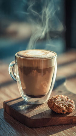 Cup of coffee with cookies on a wooden table in a cafeの写真素材