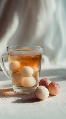 Cup of tea with marzipan balls on white wooden tableの写真素材