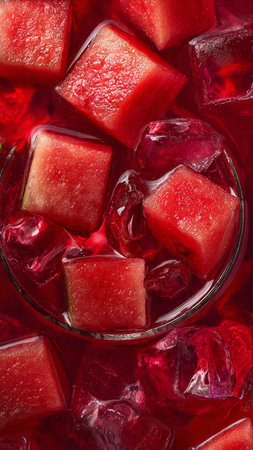 Red watermelon lemonade with ice cubes, close up, top viewの写真素材