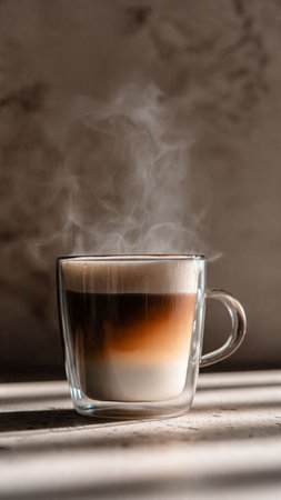 Coffee in a glass cup with steamの写真素材