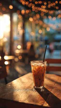 Iced coffee on the wooden table in cafe with bokeh backgroundの写真素材