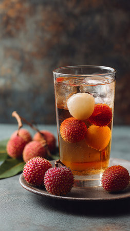 Fresh lychee juice in glass and ripe fruits on dark backgroundの写真素材